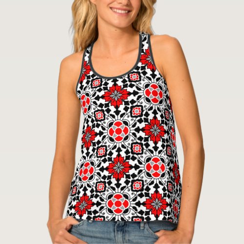 Floral Moroccan Tile Deep Red Black  and White Tank Top