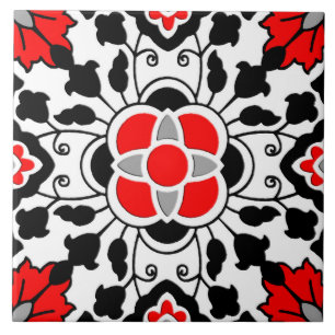 Floral Moroccan Tile, Deep Red, Black  and White Tile