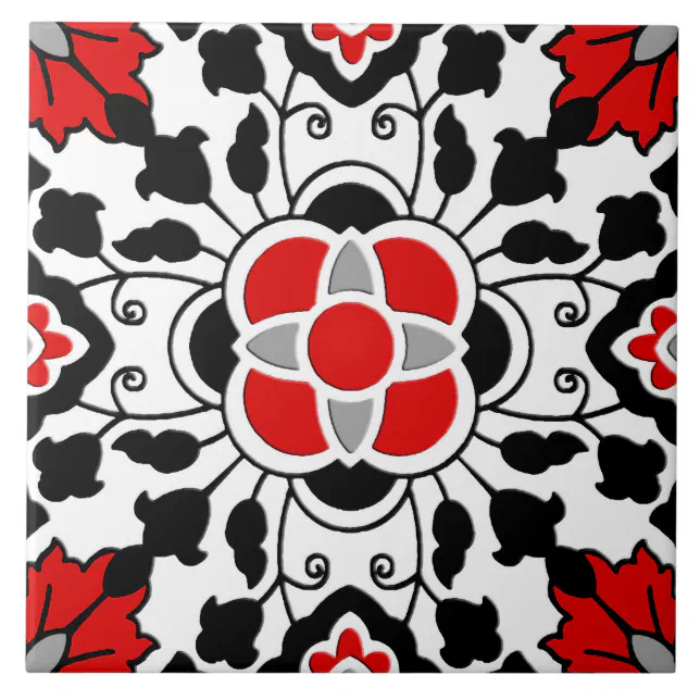 Floral Moroccan Tile, Deep Red, Black and White Tile | Zazzle