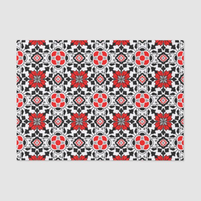 Floral Moroccan Tile, Deep Red, Black  and White Tissue Paper (Front)