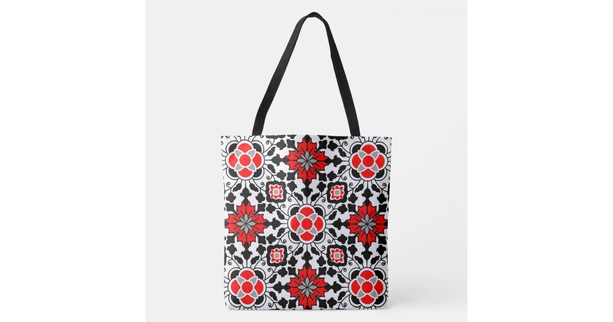 Floral Moroccan Tile, Deep Red, Black and White Tote Bag | Zazzle