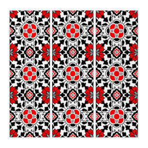 Floral Moroccan Tile, Deep Red, Black and White Triptych