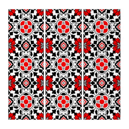 Floral Moroccan Tile Deep Red Black  and White Triptych
