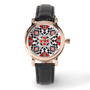 Floral Moroccan Tile, Deep Red, Black and White Watch