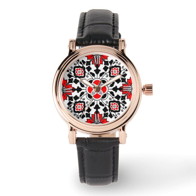Floral Moroccan Tile, Deep Red, Black  and White Watch (Front)