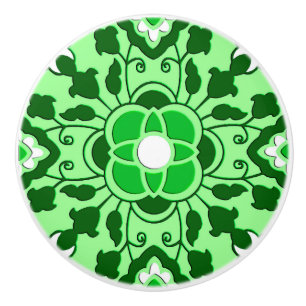 Floral Moroccan Tile, Emerald and Lime Green Ceramic Knob