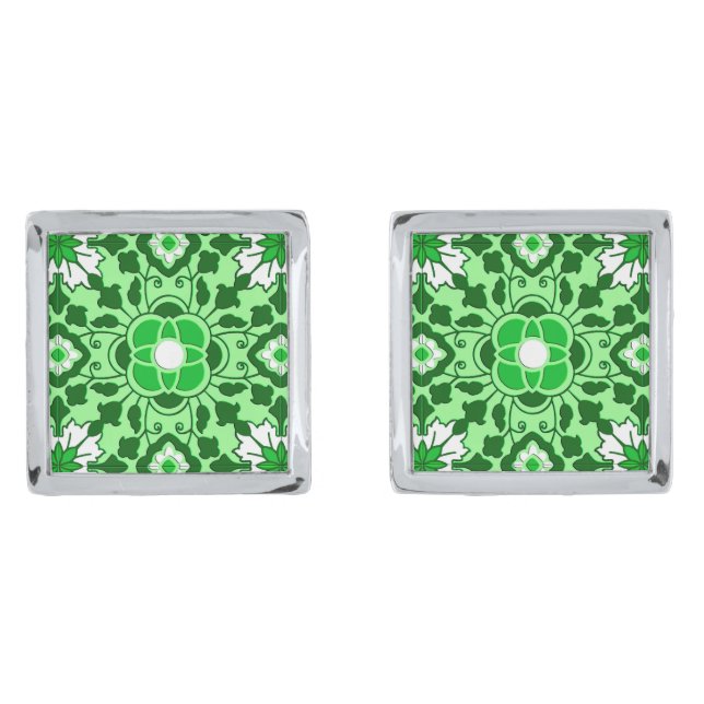 Floral Moroccan Tile, Emerald and Lime Green  Cufflinks (Front)