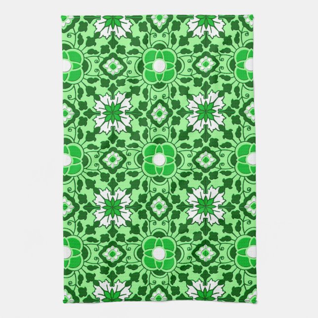 Floral Moroccan Tile, Emerald and Lime Green  Kitchen Towel (Vertical)