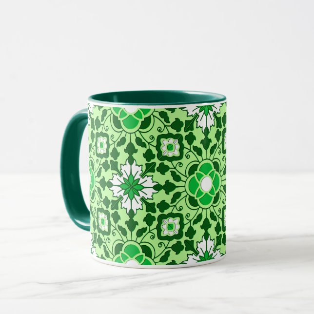 Floral Moroccan Tile, Emerald and Lime Green  Mug (Front Left)