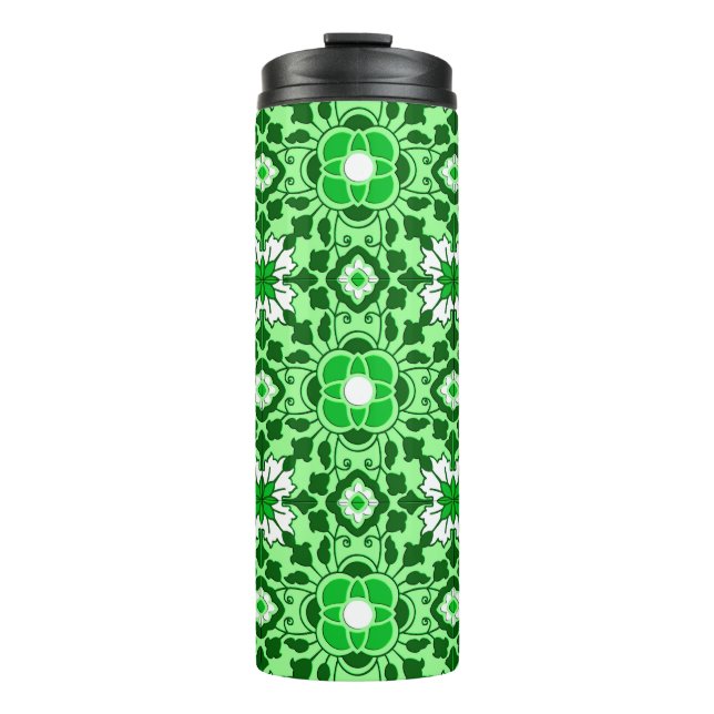 Floral Moroccan Tile, Emerald and Lime Green  Thermal Tumbler (Front)