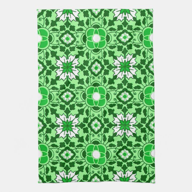 Floral Moroccan Tile, Emerald and Lime Green Towel (Vertical)