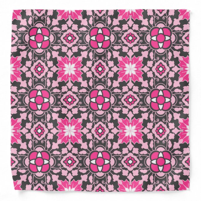 Floral Moroccan Tile, Fuchsia Pink & Gray / Grey Bandana (Front)