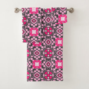 Floral Moroccan Tile, Fuchsia Pink & Gray / Grey Bath Towel Set
