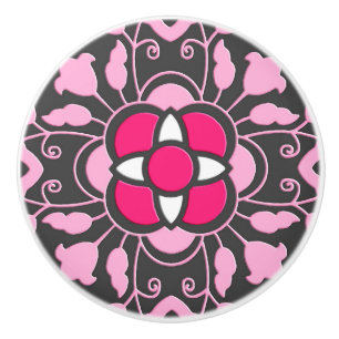 Floral Moroccan Tile, Fuchsia Pink & Gray / Grey Ceramic Knob