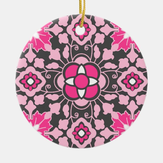 Floral Moroccan Tile, Fuchsia Pink & Gray / Grey Ceramic Ornament (Front)