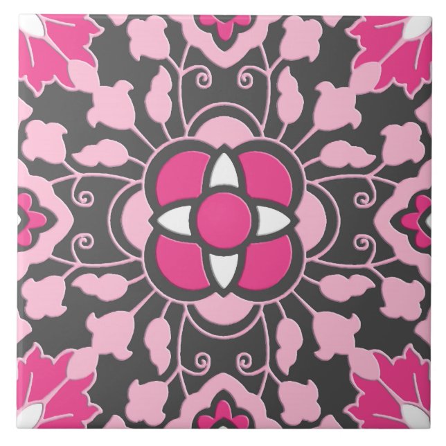 Floral Moroccan Tile, Fuchsia Pink & Gray / Grey Ceramic Tile (Front)