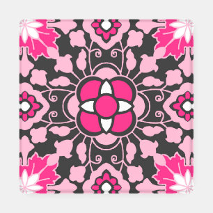 Floral Moroccan Tile, Fuchsia Pink & Gray / Grey Coaster Set