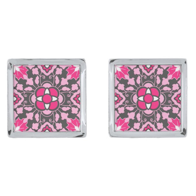 Floral Moroccan Tile, Fuchsia Pink & Gray / Grey Cufflinks (Front)