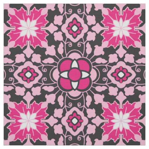 Floral Moroccan Tile, Fuchsia Pink & Gray / Grey Fabric