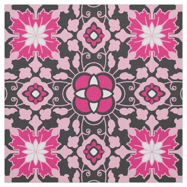 Floral Moroccan Tile, Fuchsia Pink & Gray / Grey Fabric (Swatch)