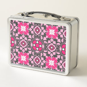Floral Moroccan Tile, Fuchsia Pink & Gray / Grey Metal Lunch Box