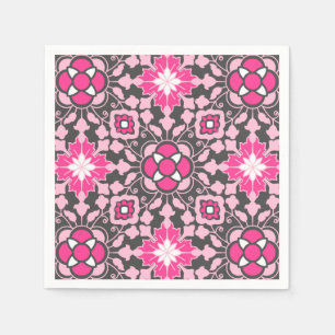Floral Moroccan Tile, Fuchsia Pink & Gray / Grey Paper Napkins
