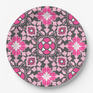 Floral Moroccan Tile, Fuchsia Pink & Gray / Grey Paper Plates