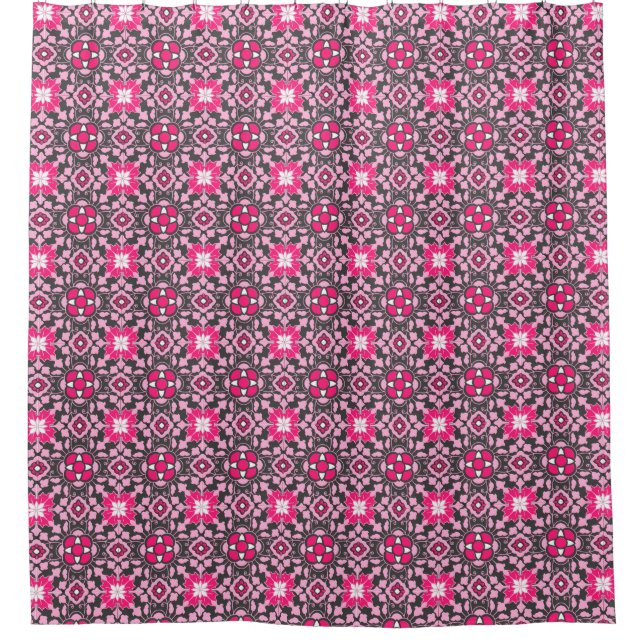 Floral Moroccan Tile, Fuchsia Pink & Gray / Grey Shower Curtain (Front)