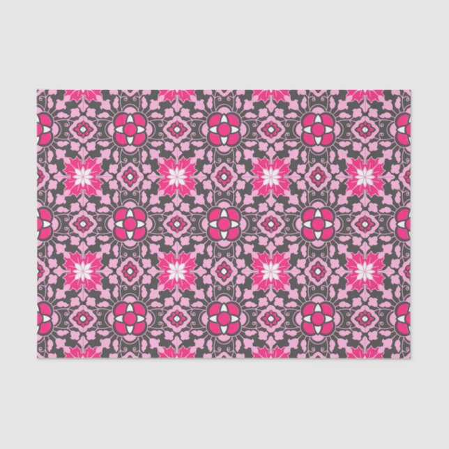 Floral Moroccan Tile, Fuchsia Pink & Gray / Grey Tissue Paper (Front)