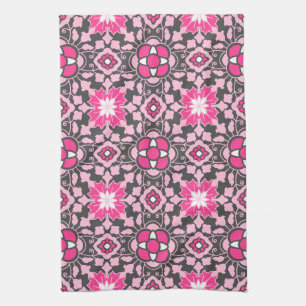 Floral Moroccan Tile, Fuchsia Pink & Gray / Grey Towel