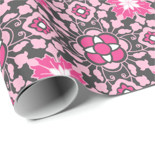 Floral Moroccan Tile, Fuchsia Pink & Gray / Grey Wrapping Paper