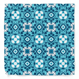 Floral Moroccan Tile, Indigo, Sky Blue and White Bandana