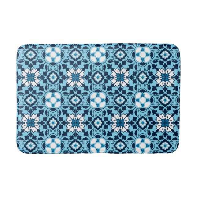 Floral Moroccan Tile, Indigo, Sky Blue and White Bath Mat (Front)