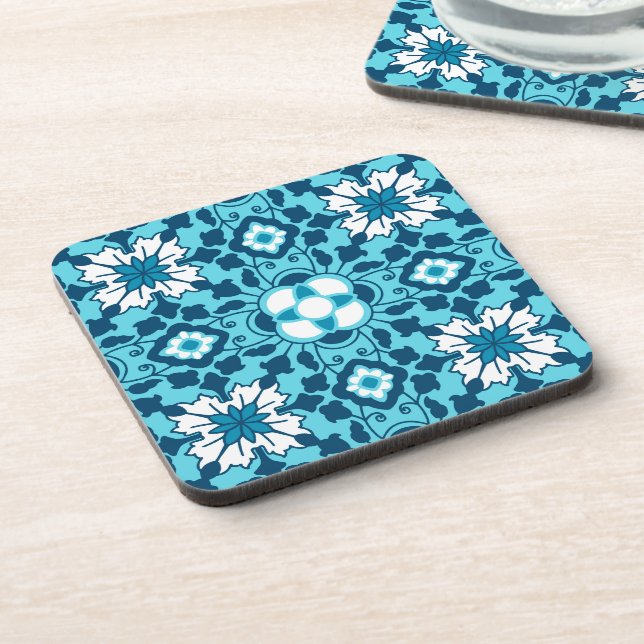 Floral Moroccan Tile, Indigo, Sky Blue and White Beverage Coaster (Left Side)