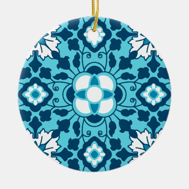 Floral Moroccan Tile, Indigo, Sky Blue and White C Ceramic Ornament (Front)