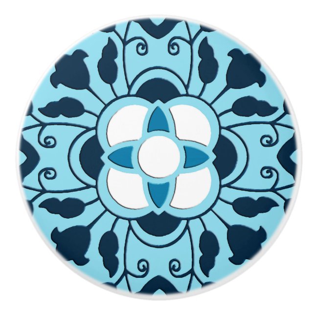Floral Moroccan Tile, Indigo, Sky Blue and White Ceramic Knob (Front)
