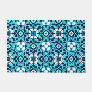 Floral Moroccan Tile, Indigo, Sky Blue and White Doormat