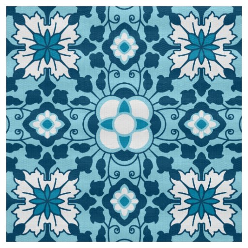 Floral Moroccan Tile, Indigo, Sky Blue and White Fabric