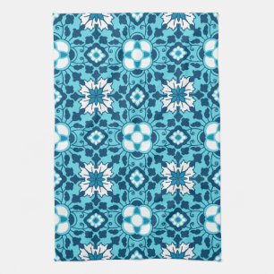 Floral Moroccan Tile, Indigo, Sky Blue and White Kitchen Towel