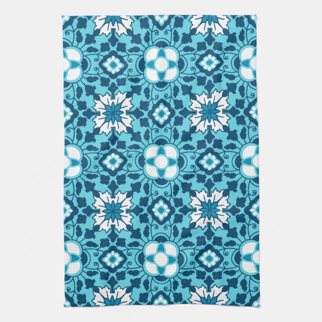 Floral Moroccan Tile, Indigo, Sky Blue and White Kitchen Towel (Vertical)