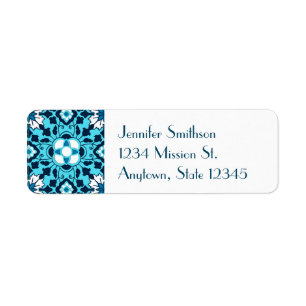 Floral Moroccan Tile, Indigo, Sky Blue and White Label