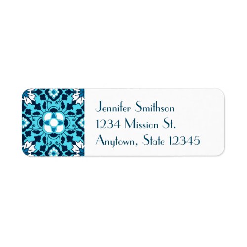 Floral Moroccan Tile Indigo Sky Blue and White Label