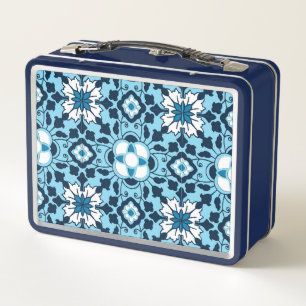 Floral Moroccan Tile, Indigo, Sky Blue and White Metal Lunch Box
