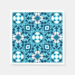 Floral Moroccan Tile, Indigo, Sky Blue and White Paper Napkins