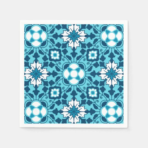 Floral Moroccan Tile Indigo Sky Blue and White Paper Napkins