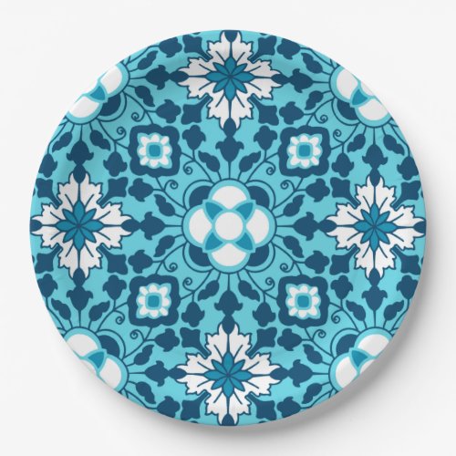Floral Moroccan Tile Indigo Sky Blue and White Paper Plates