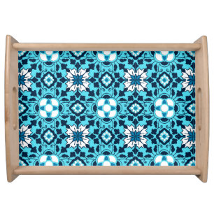 Floral Moroccan Tile, Indigo, Sky Blue and White Serving Tray
