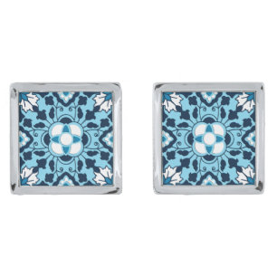 Floral Moroccan Tile, Indigo, Sky Blue and White Silver Cufflinks