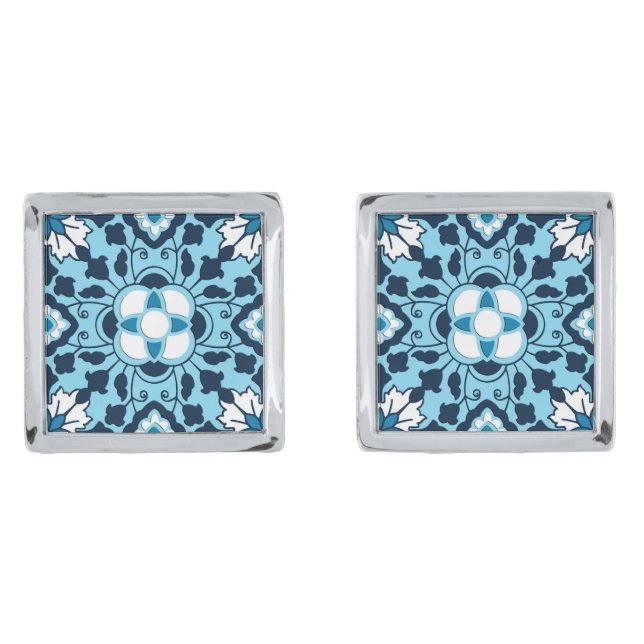 Floral Moroccan Tile, Indigo, Sky Blue and White Silver Cufflinks (Front)