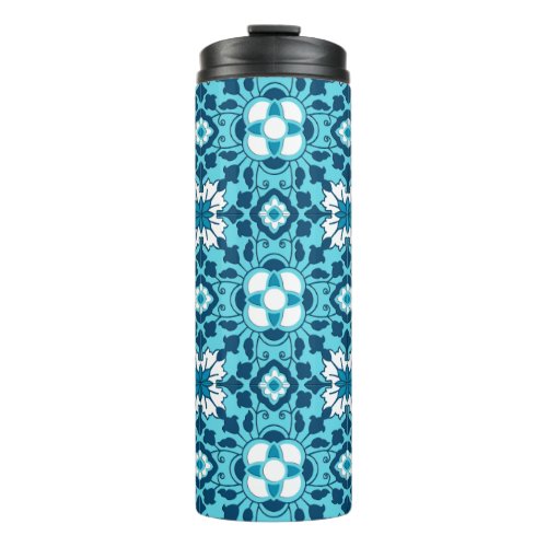 Floral Moroccan Tile Indigo Sky Blue and White Thermal Tumbler